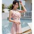 Summer Large Size One piece Swimwear Women Slim Fit Conservative Belly covering Solid Color Ruffled Swimsuit 9138 white one size