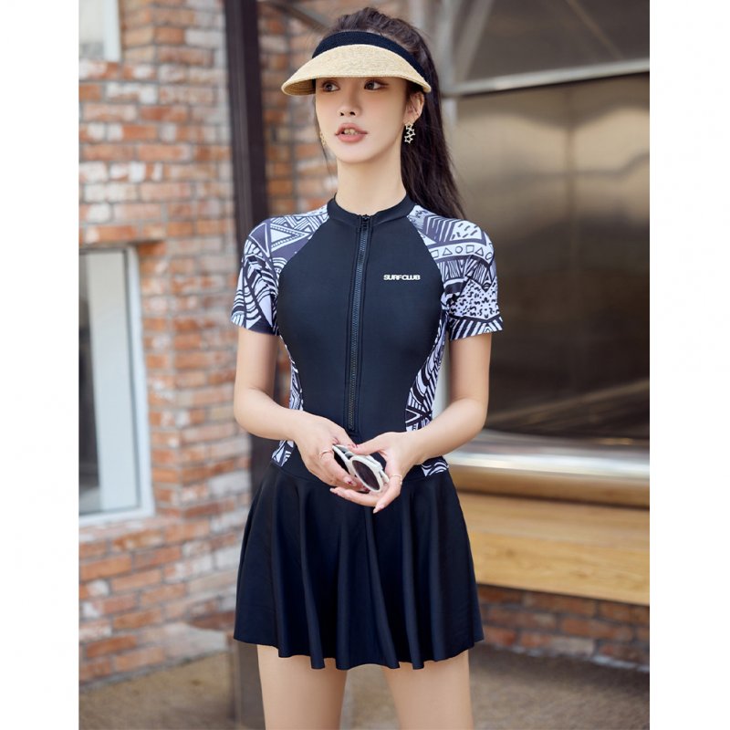 Summer Large Size Swimwear For Women Short Sleeves Contrast Color Quick-drying Swimsuit For Swimming Hot Spring E90 2XL
