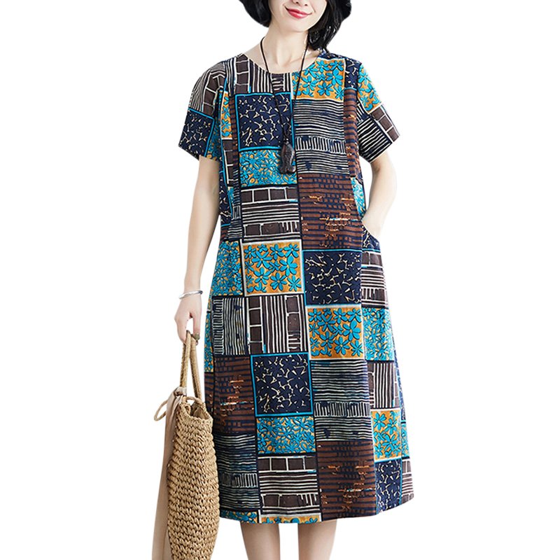 Summer Loose Round Neck Short Sleeve Printed Waist Mid-length Dress For Women blue_XL