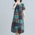 Summer Loose Round Neck Short Sleeve Printed Waist Mid length Dress For Women blue XL