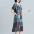 Summer Loose Round Neck Short Sleeve Printed Waist Mid length Dress For Women blue XL