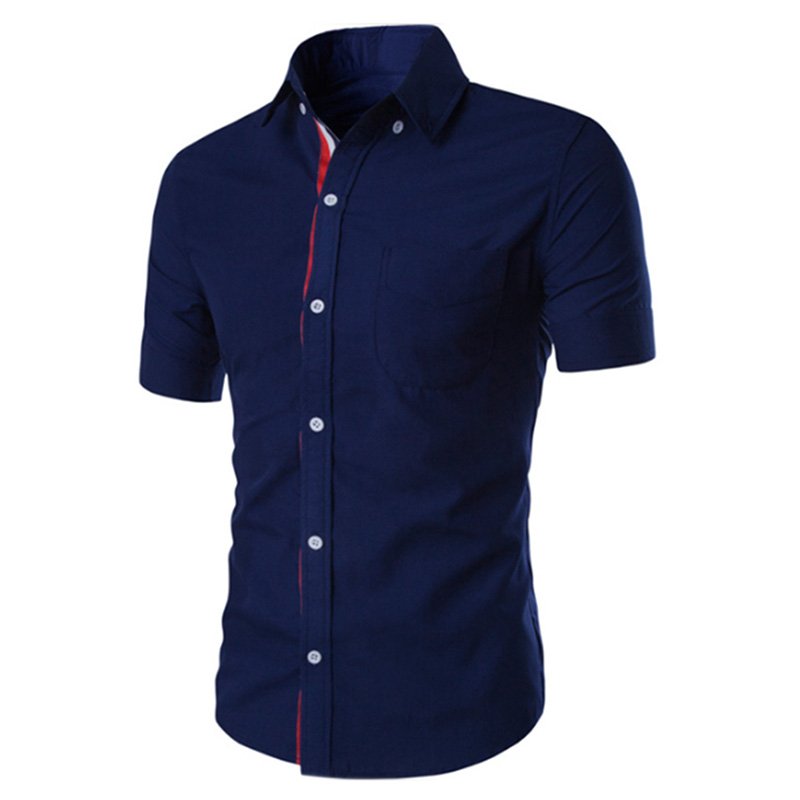 Summer Male Casual Short-sleeve Shirt Solid Colour Tops Gift dark blue_XL