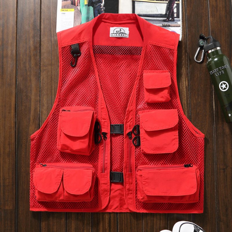 Summer Men Cargo Vest Trendy Stand Collar Waistcoat With Multi-pocket For Outdoor Photography Fishing Hiking red XL