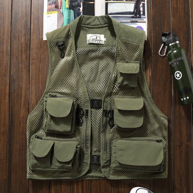 Summer Men Cargo Vest Trendy Stand Collar Waistcoat With Multi-pocket For Outdoor Photography Fishing Hiking army green M