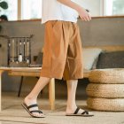 Summer Men Cropped Pants Casual Solid Color Cotton Linen Breathable Large Size Beach Pants With Pockets Brown M