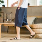 Summer Men Cropped Pants Casual Solid Color Cotton Linen Breathable Large Size Beach Pants With Pockets navy blue M