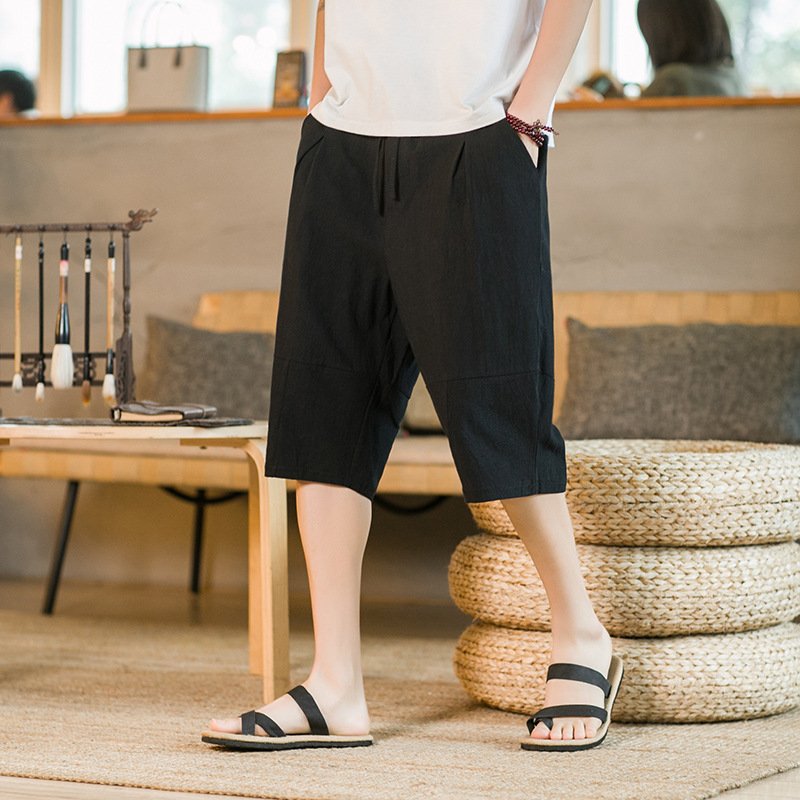Summer Men Cropped Pants Casual Solid Color Cotton Linen Breathable Large Size Beach Pants With Pockets black M