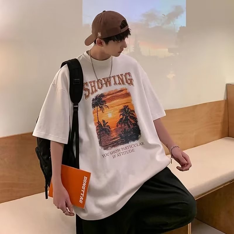 Summer Men Short Sleeves T-shirt Retro Printing Round Neck Pullover Tops Casual Loose Large Size Shirt White L