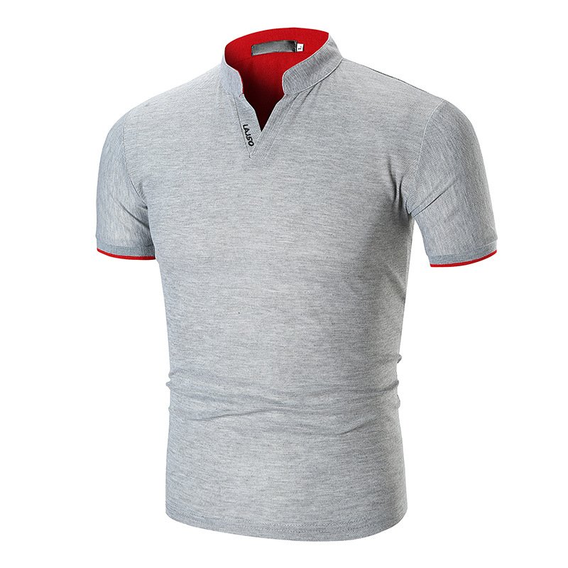 Summer Men Short Sleeves T-shirt Fashion Solid Color Stand Collar Casual Cotton Tops grey M