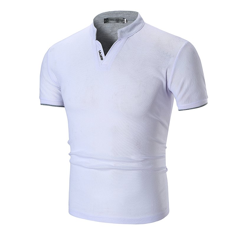 Summer Men Short Sleeves T-shirt Fashion Solid Color Stand Collar Casual Cotton Tops White 2XL