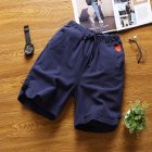 Summer Men Sports Shorts Middle Waist Drawstring Cotton Linen Loose Casual Cropped Pants navy blue M