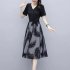 Summer Mesh Dress For Women V Neck Short Sleeves A line Skirt Large Size Slimming Fake Two piece Dress black L