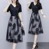 Summer Mesh Dress For Women V Neck Short Sleeves A line Skirt Large Size Slimming Fake Two piece Dress black XL