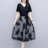 Summer Mesh Dress For Women V Neck Short Sleeves A line Skirt Large Size Slimming Fake Two piece Dress black L