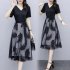 Summer Mesh Dress For Women V Neck Short Sleeves A line Skirt Large Size Slimming Fake Two piece Dress black L