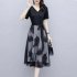 Summer Mesh Dress For Women V Neck Short Sleeves A line Skirt Large Size Slimming Fake Two piece Dress black L