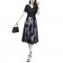 Summer Mesh Dress For Women V Neck Short Sleeves A line Skirt Large Size Slimming Fake Two piece Dress black L