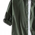 Summer Plus Size Shirt For Men Stand Collar Three-quarter Sleeve Cotton Linen Solid Color Loose Tops Army Green M
