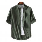 Summer Plus Size Shirt For Men Stand Collar Three-quarter Sleeve Cotton Linen Solid Color Loose Tops Army Green L