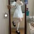 Summer Princess Dress For Women Sweet Lace Mesh Bowknot Short Dress Short Sleeves Solid Color A line Skirt SJ336 white M