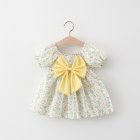 Summer Princess Dress For Girls Short Sleeves Sweet Floral Printing With Bowknot Dress For 0-4 Years Old Kids yellow 0-1Y 73CM