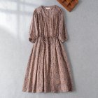 Summer Round Neck Dress For Women Elegant Floral Printing Linen Long Skirt Trendy High Waist Lace-up Dress bean paste color XL