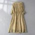 Summer Round Neck Dress For Women Elegant Floral Printing Linen Long Skirt Trendy High Waist Lace up Dress yellow L