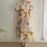 Summer Round Neck Dress For Women Trendy Elegant Graffiti Printing Pleated Long Skirt Puff Sleeves Casual Dress blue XL