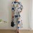Summer Round Neck Dress For Women Trendy Elegant Graffiti Printing Pleated Long Skirt Puff Sleeves Casual Dress blue XL
