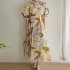 Summer Round Neck Dress For Women Trendy Elegant Graffiti Printing Pleated Long Skirt Puff Sleeves Casual Dress blue XL