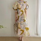 Summer Round Neck Dress For Women Trendy Elegant Graffiti Printing Pleated Long Skirt Puff Sleeves Casual Dress yellow M