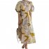 Summer Round Neck Dress For Women Trendy Elegant Graffiti Printing Pleated Long Skirt Puff Sleeves Casual Dress yellow M