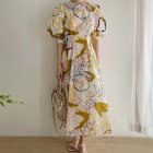 Summer Round Neck Dress For Women Trendy Elegant Graffiti Printing Pleated Long Skirt Puff Sleeves Casual Dress yellow L