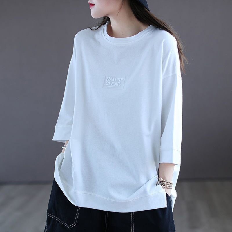 Summer Round Neck T-shirt For Women Fashion Printing Round Neck Pullover Tops Loose Casual Blouse White 3XL
