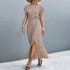 Summer Short Sleeve Dress For Women Elegant Lace up Split Long Skirt Casual Printing Beach Dress For Party apricot S
