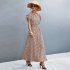 Summer Short Sleeve Dress For Women Elegant Lace up Split Long Skirt Casual Printing Beach Dress For Party apricot S