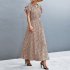 Summer Short Sleeve Dress For Women Elegant Lace up Split Long Skirt Casual Printing Beach Dress For Party apricot S