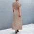 Summer Short Sleeve Dress For Women Elegant Lace up Split Long Skirt Casual Printing Beach Dress For Party apricot S
