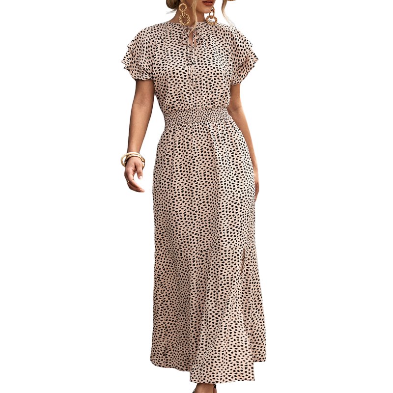 Summer Short Sleeve Dress For Women Elegant Lace-up Split Long Skirt Casual Printing Beach Dress For Party apricot XL