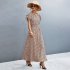Summer Short Sleeve Dress For Women Elegant Lace up Split Long Skirt Casual Printing Beach Dress For Party apricot XL
