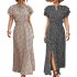 Summer Short Sleeve Dress For Women Elegant Lace up Split Long Skirt Casual Printing Beach Dress For Party black L