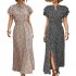 Summer Short Sleeve Dress For Women Elegant Lace up Split Long Skirt Casual Printing Beach Dress For Party black XL