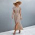 Summer Short Sleeve Dress For Women Elegant Lace up Split Long Skirt Casual Printing Beach Dress For Party black XL