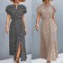 Summer Short Sleeve Dress For Women Elegant Lace up Split Long Skirt Casual Printing Beach Dress For Party black XL