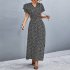 Summer Short Sleeve Dress For Women Elegant Lace up Split Long Skirt Casual Printing Beach Dress For Party black XL