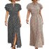 Summer Short Sleeve Dress For Women Elegant Lace up Split Long Skirt Casual Printing Beach Dress For Party black XL