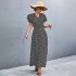 Summer Short Sleeve Dress For Women Elegant Lace up Split Long Skirt Casual Printing Beach Dress For Party black XL