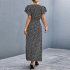 Summer Short Sleeve Dress For Women Elegant Lace up Split Long Skirt Casual Printing Beach Dress For Party black XL