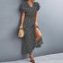 Summer Short Sleeve Dress For Women Elegant Lace up Split Long Skirt Casual Printing Beach Dress For Party black XL