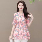 Summer Short Sleeves Chiffon Shirt For Women Fashion Sweet Floral Printing Blouse Trendy V Neck Pullover Tops Pink 4XL